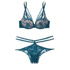 NWT Adore Me Women's Marcia Push Up Bra Set 34D Panty Sz Large Blue Coral Lace